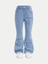 Girls Cute Heart Embroidered Distressed Elastic Flared Denim Jeans